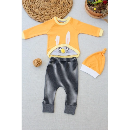 3-6 6-9 9-12 Ay Şımarık Tavşan Nakışlı Şapkalı Uzun Kollu Sweat 3lü Kız-erkek Bebek Takımı Turuncu