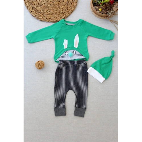 3-6 6-9 9-12 Ay Şımarık Tavşan Nakışlı Şapkalı Uzun Kollu Sweat 3lü Kız-erkek Bebek Takımı Yeşil