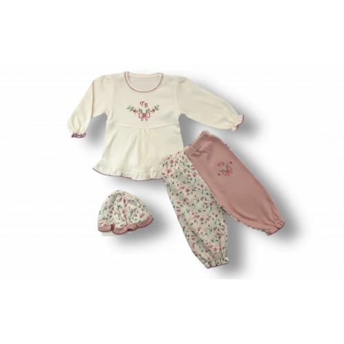 3-6 6-9 9-12 Ay Tb Çiçek Nakışlı Şapkalı Uzun Kollu Sweatli 3lü Kız Bebek Takımı Ekru
