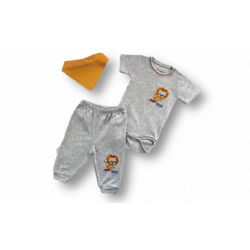 3-6 6-9 9-12 Ay Yavru Aslan Nakışlı Bandajlı Kısa Kollu Zıbınlı 3lü Erkek Bebek Takımı Gri