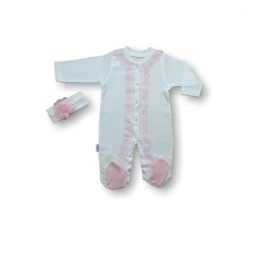 3-6 6-9 Ay Dantelli Boydan Çıtçıtlı Bandanalı Patikli Uzun Kollu Kız Bebek Tulumu Ekru