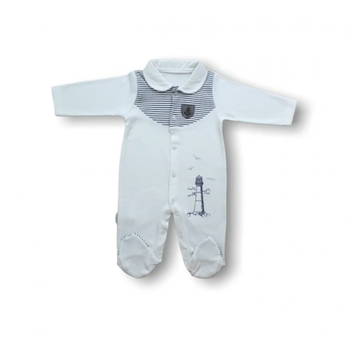 3-6 6-9 Ay Deniz Feneri Nakışlı Patikli Uzun Kollu Erkek Bebek Tulumu Ekru