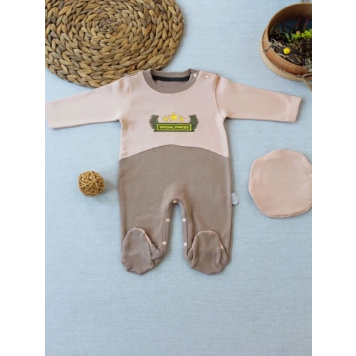 3-6 9-12 12-18 Ay Özel Kuvvetler Nakışlı Bere Şapkalı Kız Erkek Bebek Tulumu Sütlü Kahve