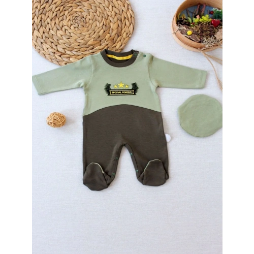 3-6 9-12 12-18 Ay Özel Kuvvetler Nakışlı Bere Şapkalı Kız Erkek Bebek Tulumu Yeşil