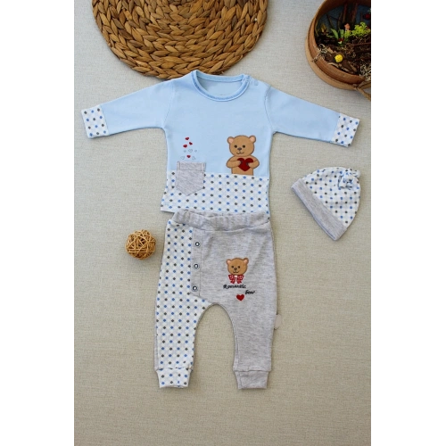 3-6 9-12 12-18 Ay Romantik Ayıcık Nakışlı Şapkalı Uzun Kollu Sweatli 3lü Kız-erkek Bebek Takımı Mavi