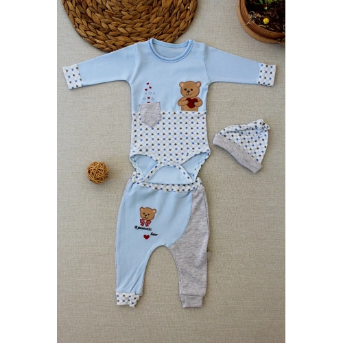 3-6 9-12 12-18 Ay Romantik Ayıcık Nakışlı Şapkalı Uzun Kollu Zıbınlı 3lü Kız-erkek Bebek Takımı Mavi