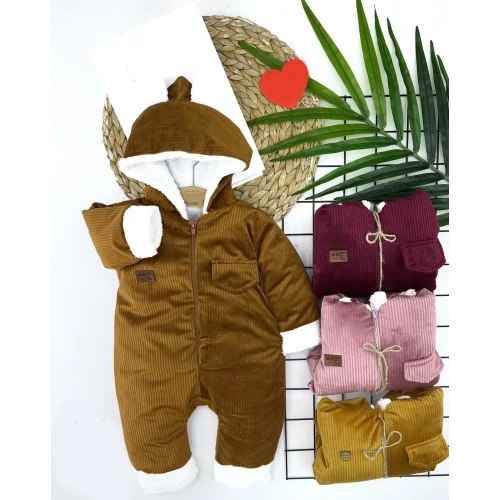 3-6-9-12 Ay Fermuar Kapamalı Kadife Kumaş İçi Tüylü Kız Erkek Bebek Tulumu Bej