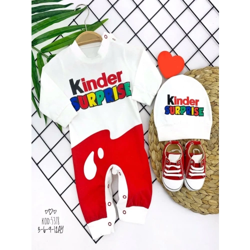 3-6-9-12 Ay Kinder Surprise Baskılı Çıtçıt Kapamalı Şapkalı 2li Kız Erkek Bebek Tulumu Ekru