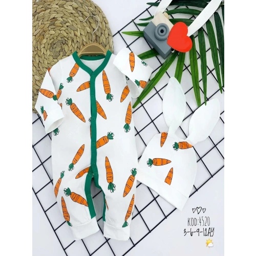 3-6-9-12 Ay Kulaklı Şapkalı Havuç Baskılı Boydan Çıtçıtlı Uzun Kollu Kız Erkek Bebek Tulumu Beyaz