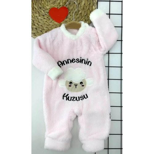 3-6-9-12 Ay Kuzu Tüylü Kumaş Annesinin Kuzusu Nakışlı Alttan Çıtçıtlı Kız Erkek Bebek Tulumu Pembe