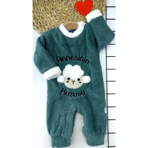 3-6-9-12 Ay Kuzu Tüylü Kumaş Annesinin Kuzusu Nakışlı Alttan Çıtçıtlı Kız Erkek Bebek Tulumu Petrol Mavisi