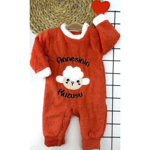 3-6-9-12 Ay Kuzu Tüylü Kumaş Annesinin Kuzusu Nakışlı Alttan Çıtçıtlı Kız Erkek Bebek Tulumu Turuncu