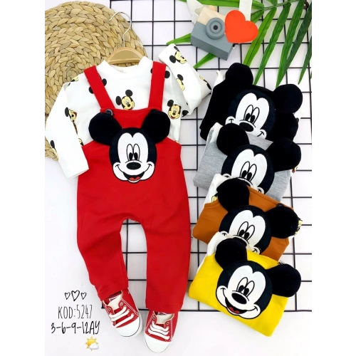 3-6-9-12 Ay Mickey Figürlü Uzun Kollu Baskılı Sweatli 2li Kız Erkek Bebek Salopet Takımı Kırmızı