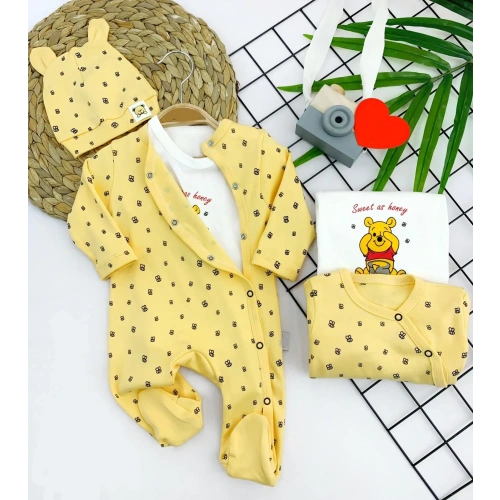 3-6-9-12 Ay Pooh Desenli Şapkalı Sweatli 3lü Kız Erkek Bebek Tulum Sarı