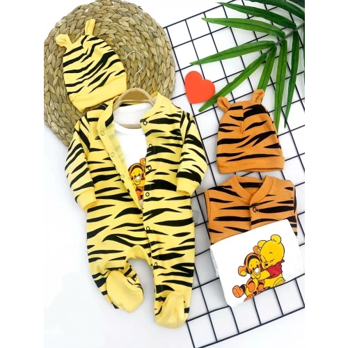 3-6-9-12 Ay Pooh Desenli Zebra Çizgili Şapkalı Sweatli 3lü Kız Erkek Bebek Tulumu(sarı) Sarı