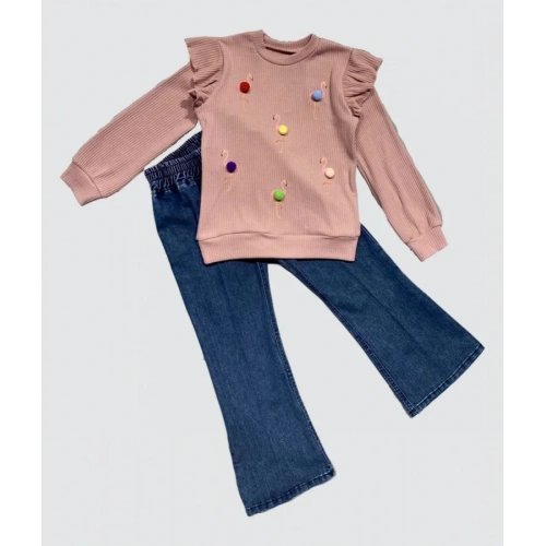 4-5-6 Yaş Kot Pantolonlu Flamingo Desenli Penye Sweat Uzun Kollu 2li Kız Çocuk Takımı Gül Kurusu