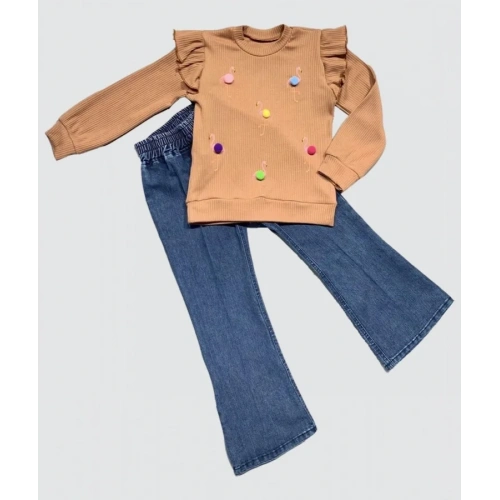 4-5-6 Yaş Kot Pantolonlu Flamingo Desenli Penye Sweat Uzun Kollu 2li Kız Çocuk Takımı Kahverengi