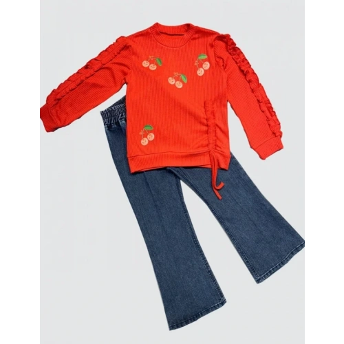 4-5-6 Yaş Kot Pantolonlu Kiraz Desenli Penye Sweat Uzun Kollu 2li Kız Çocuk Takımı Kırmızı