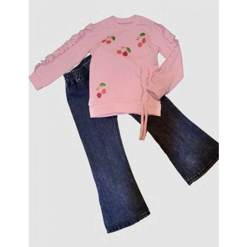 4-5-6 Yaş Kot Pantolonlu Kiraz Desenli Penye Sweat Uzun Kollu 2li Kız Çocuk Takımı Pembe