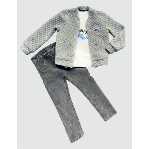 4-5-6 Yaş Kot Pantolonlu Pilot Mont Uzun Kollu Penye Sweat 3lü Erkek Çocuk Takımı Gri