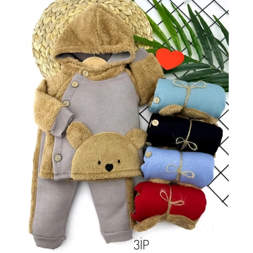 6-12-18-24 Ay Düğme Kapamalı Kapşonlu Ceket Welsoft Detaylı 2li Erkek Bebek Takımı Bej