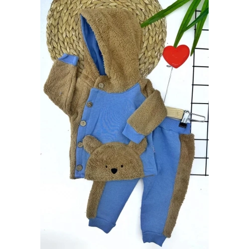 6-12-18-24 Ay Düğme Kapamalı Kapşonlu Ceket Welsoft Detaylı 2li Erkek Bebek Takımı Mavi