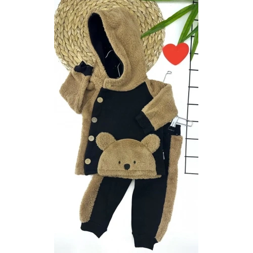 6-12-18-24 Ay Düğme Kapamalı Kapşonlu Ceket Welsoft Detaylı 2li Erkek Bebek Takımı Siyah