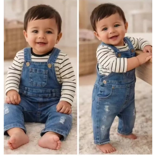 6-18 Ay Çizgili Badili Kot Salopet Bebek Takımı