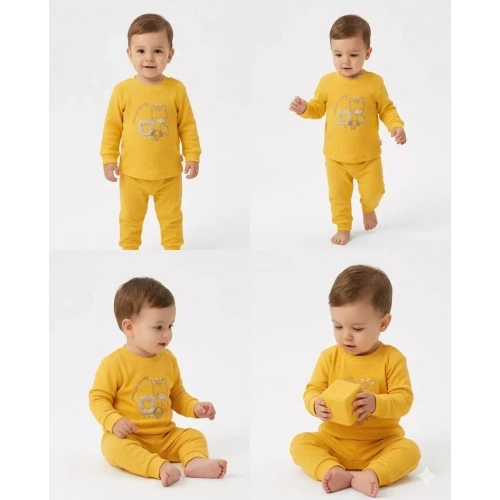 6/24 Ay Baskılı Waffle Kumaş Bebek Takımı