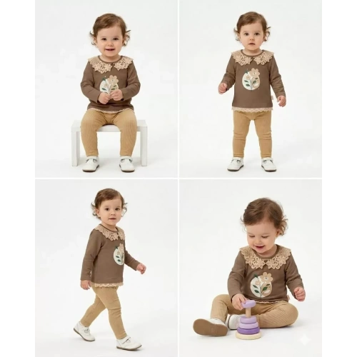 6/24 Ay Dantel Yakalı Penye Bebek Takımı