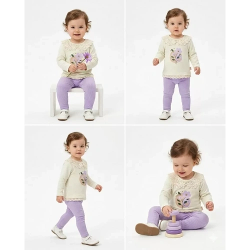 6/24 Ay Dantel Yakalı Penye Bebek Takımı