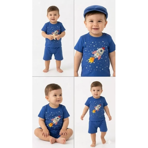 6/24 Ay Roket Baskılı 2li Bebek Takımı