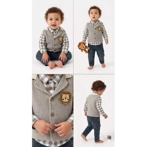 6/24 Ay Triko Yelekli 3 Parça Bebek Takımı