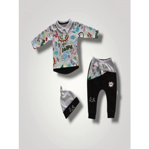 6-9 12-18 18-24 Ay Power Kedi Nakışlı Uzun Kollu Sweat Şapkalı 3lü Kız Erkek Bebek Takımı Siyah