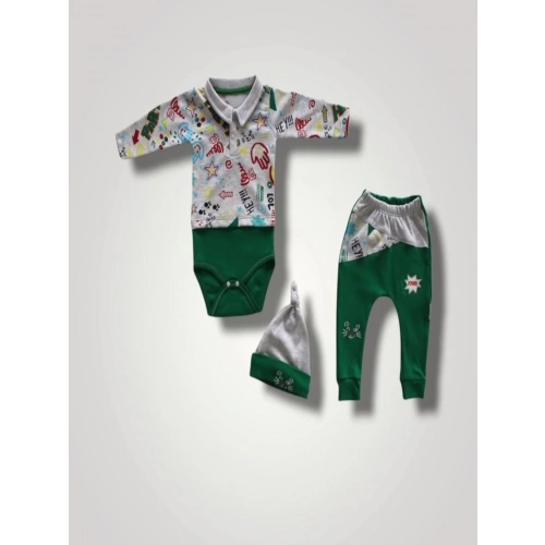 6-9 12-18 18-24 Ay Power Kedi Nakışlı Uzun Kollu Zıbınlı Şapkalı 3lü Kız Erkek Bebek Takımı Yeşil