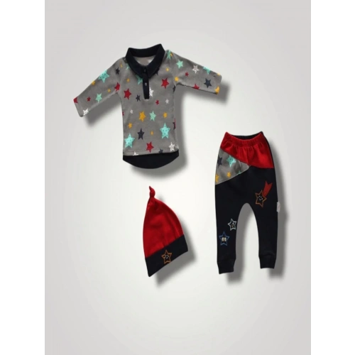 6-9 12-18 18-24 Ay Samanyolu Yıldızlar Baskılı Uzun Kollu Sweat Şapkalı 3lü Kız Erkek Bebek Takımı Lacivert