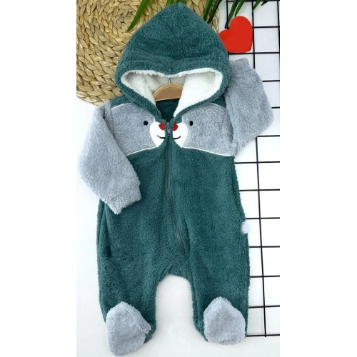 6-9-12-18 Ay Boydan Fermuarlı Welsoft Tüylü Kumaş Kapşonlu Patikli Kız Erkek Bebek Tulumu Petrol Mavisi