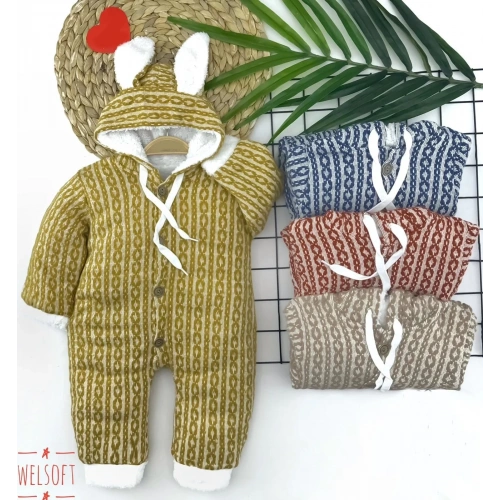 6-9-12-18 Ay Düğme Kapamalı Kulaklı Kapşonlu Triko Kumaş Kız Erkek Bebek Tulumu Sarı