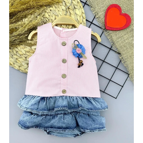 6-9-12-18 Ay Gül Rozet Detaylı Kot Kilotlu Etek Kız Bebek Elbisesi Pembe