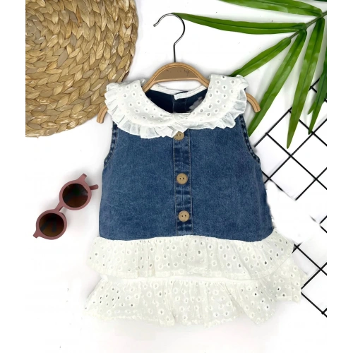 6-9-12-18 Ay Güpür Yaka Ve Etek Detaylı Kot Kilotlu Etek Kız Bebek Elbisesi Mavi