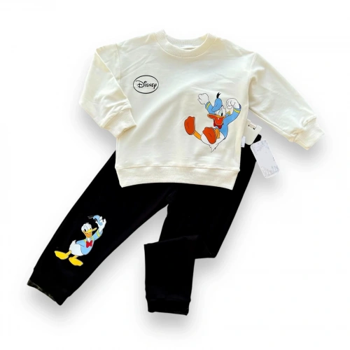 6-9-12-18 Ay Ördek Baskılı Pamuk Penye Kumaş Erkek Bebek Takımı Siyah