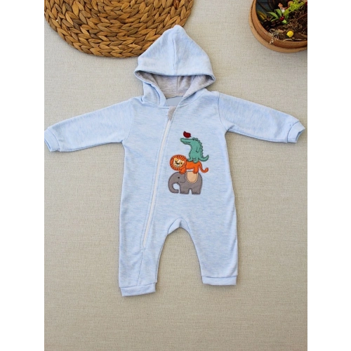 6-9 9-12 Ay Ef Çizgi Boy Fermuarlı Hayvanlar Alemi Nakışlı Kapşonlu Kız Erkek Bebek Tulumu Mavi