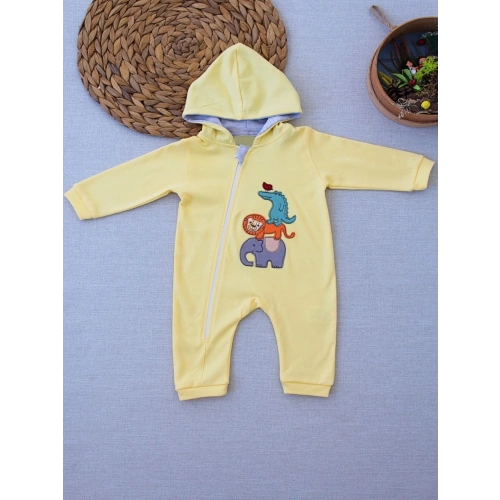 6-9 9-12 Ay Ef Çizgi Boy Fermuarlı Hayvanlar Alemi Nakışlı Kapşonlu Kız Erkek Bebek Tulumu Sarı