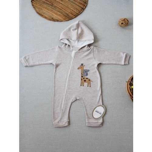 6-9 9-12 Ay Ef Çizgi Boy Fermuarlı Zürafa Nakışlı Kapşonlu Kız Erkek Bebek Tulumu Kahvemelanj