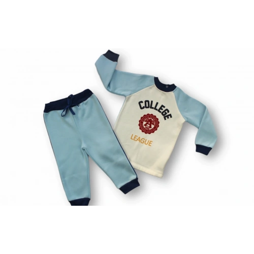 9-12 12-18 18-24 24-36 Ay College Baskılı 3 İplik Kumaş Uzun Kollu Sweatli 2li Erkek Bebek Takımı Mavi