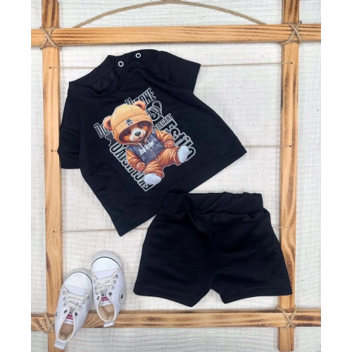 9-12-18-24 Ay Dansçı Ayıcık Baskılı Şortlu Kısa Kollu Tişört 2li Erkek Bebek Takımı