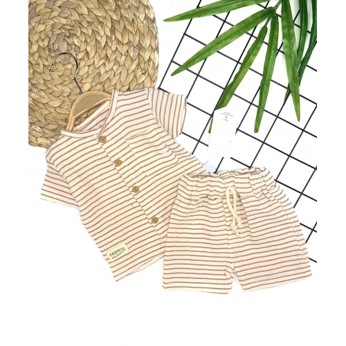 9-12-18-24 Ay Düğme Detaylı Çizgili Müslin Kumaş Yazlık 2li Erkek Bebek Takımı