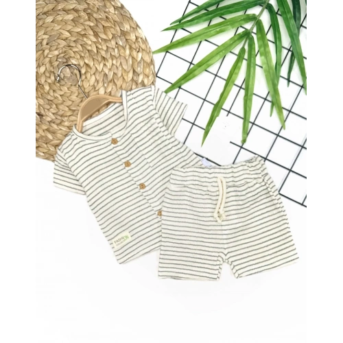 9-12-18-24 Ay Düğme Detaylı Çizgili Müslin Kumaş Yazlık 2li Erkek Bebek Takımı
