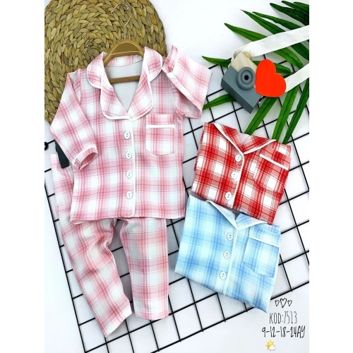 9-12-18-24 Ay Düğme Kapamalı Ekose Desenli 2li Kız Erkek Bebek Pijama Takımı Pembe