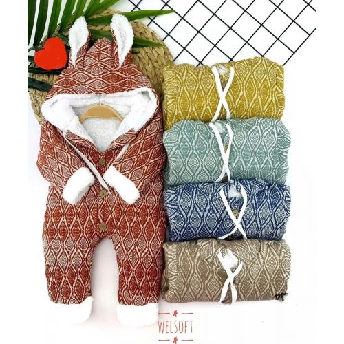 9-12-18-24 Ay Düğme Kapamalı Kulaklı Kapşonlu Motif Desenli Örme Kumaş Kız Erkek Bebek Tulumu Lacivert